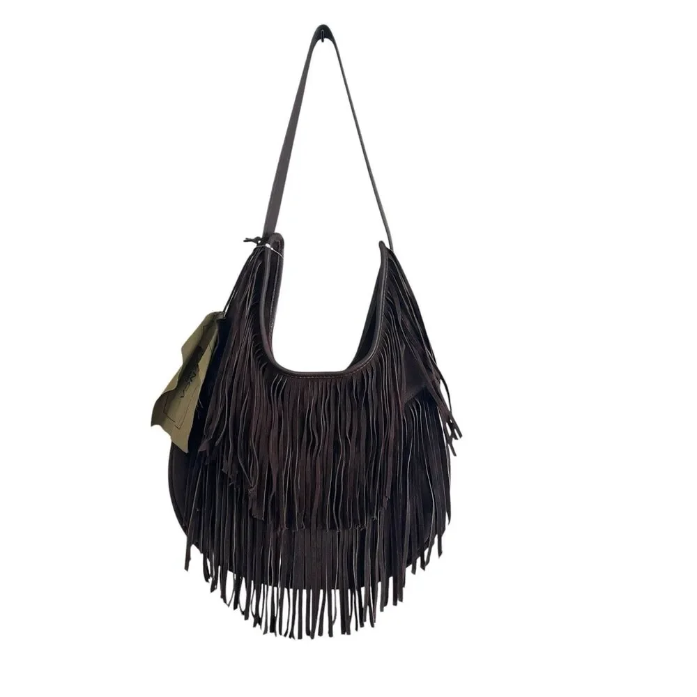Vilenca Holland Dark Brown Suede Fringe Hobo Bag Boho Festival Western NWT